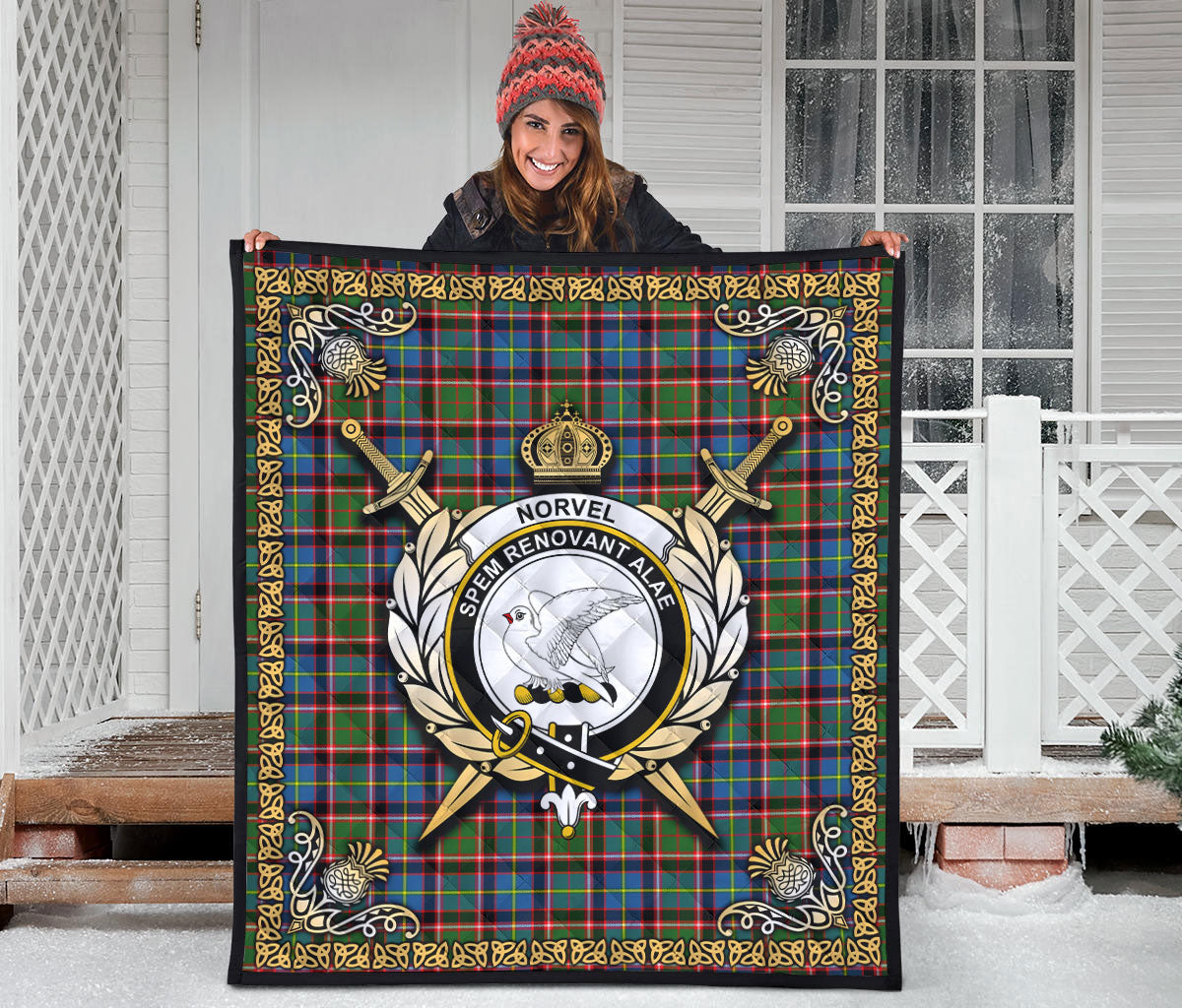 Norvel (or Norvill) Tartan Crest Premium Quilt - Celtic Thistle Style