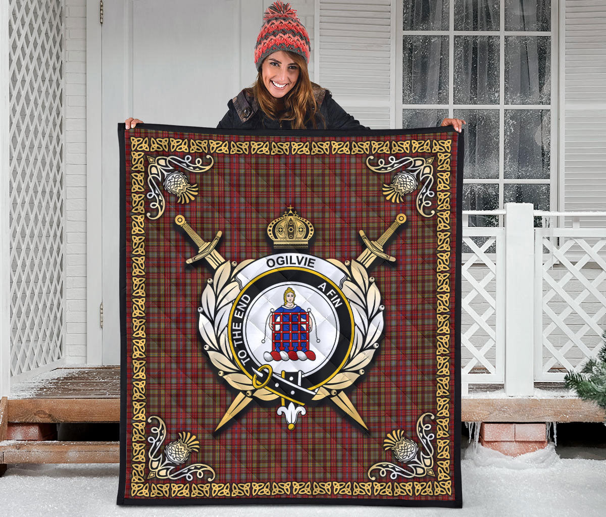 Ogilvie Tartan Crest Premium Quilt - Celtic Thistle Style
