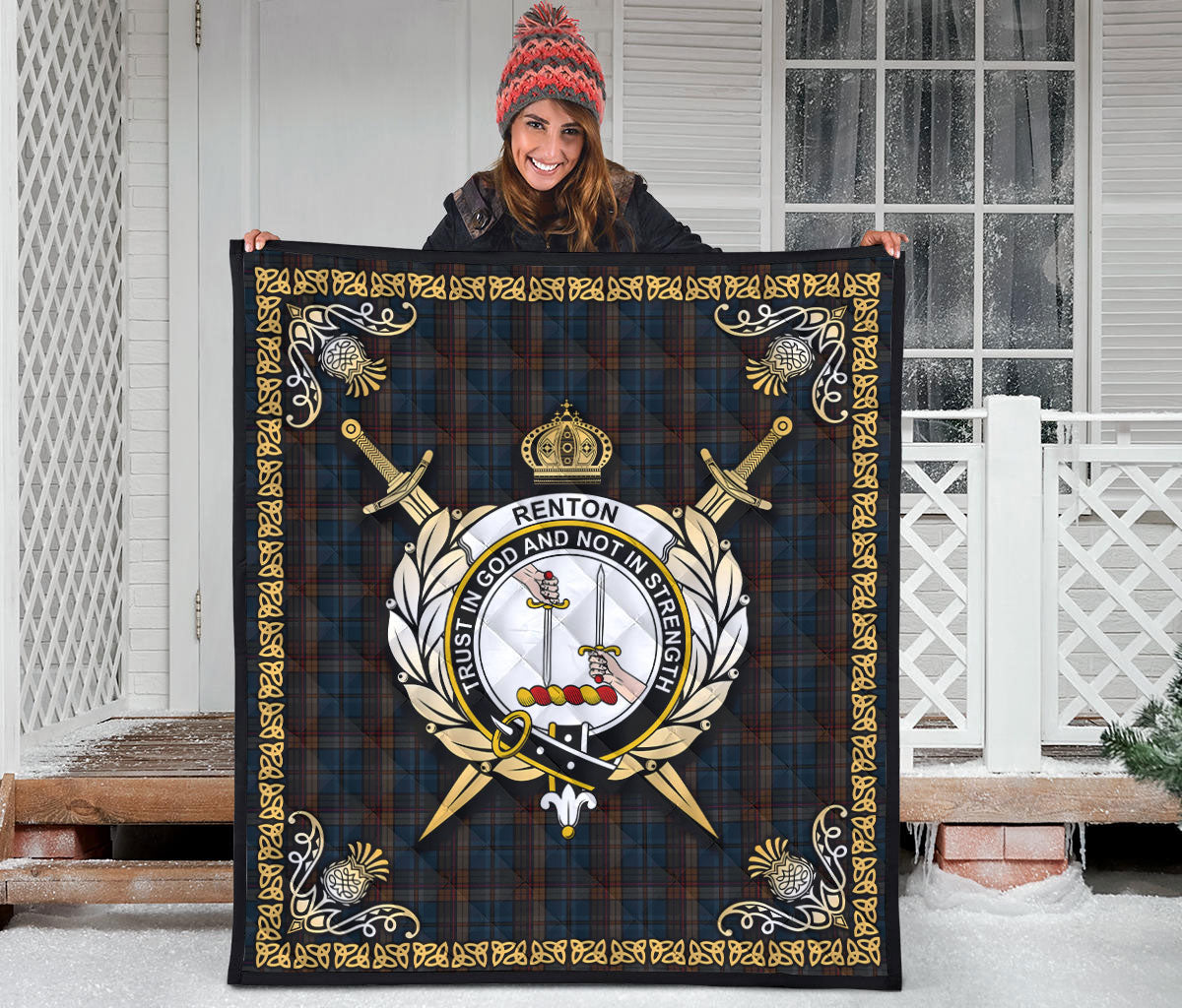 Renton Tartan Crest Premium Quilt - Celtic Thistle Style