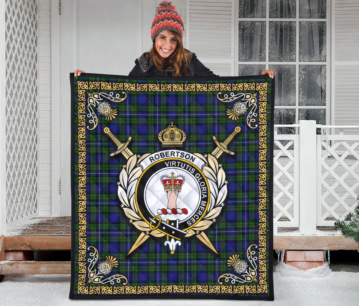 Robertson Hunting Modern Tartan Crest Premium Quilt - Celtic Thistle Style