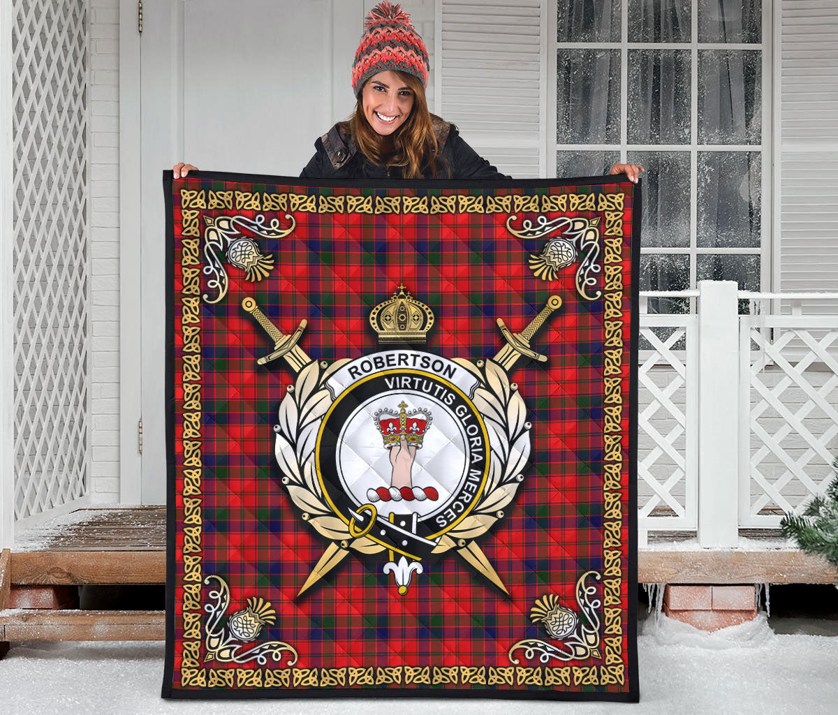Robertson Modern Tartan Crest Premium Quilt - Celtic Thistle Style