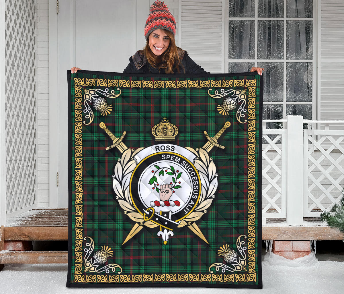 Ross Hunting Modern Tartan Crest Premium Quilt - Celtic Thistle Style