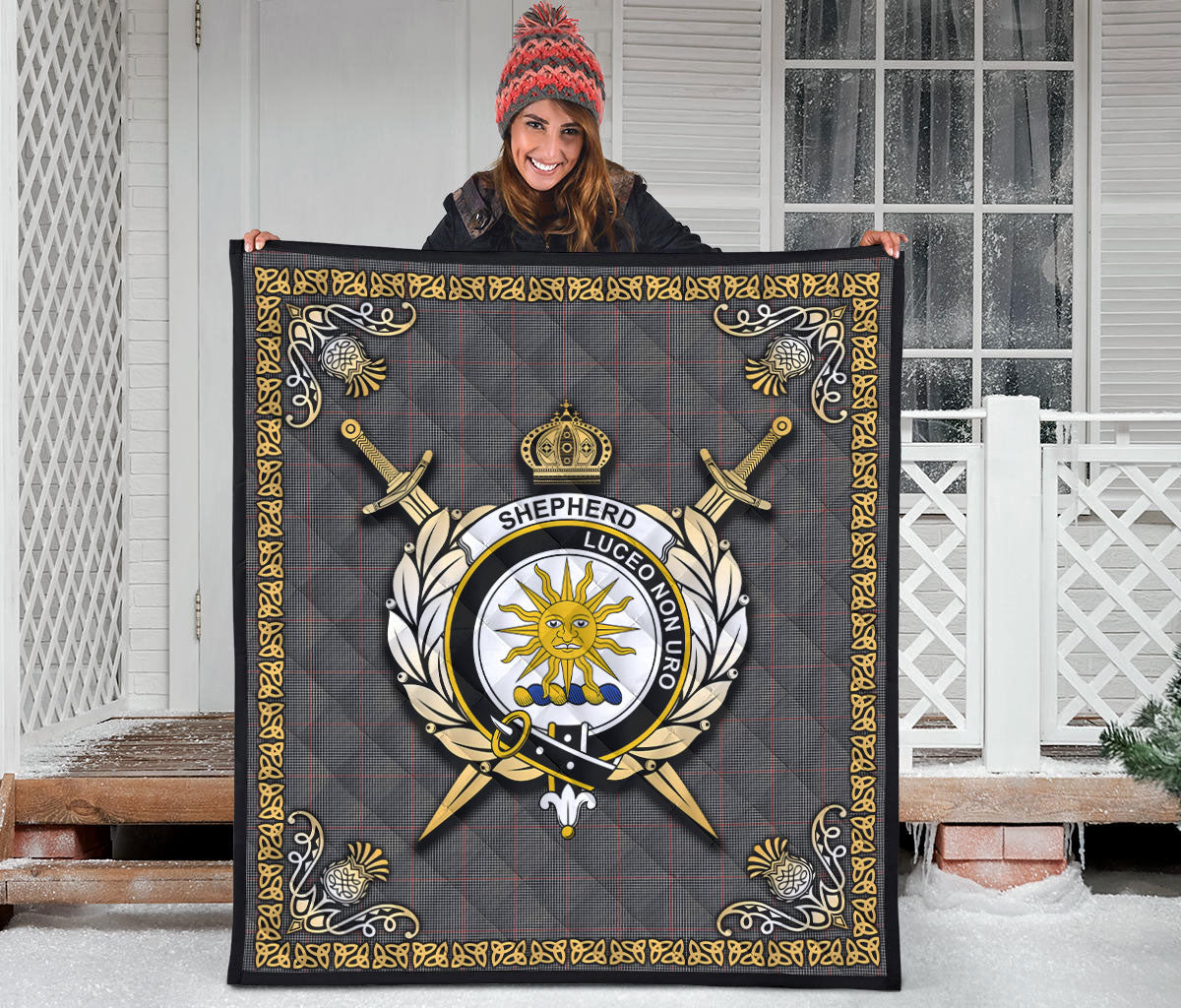Shepherd Tartan Crest Premium Quilt - Celtic Thistle Style