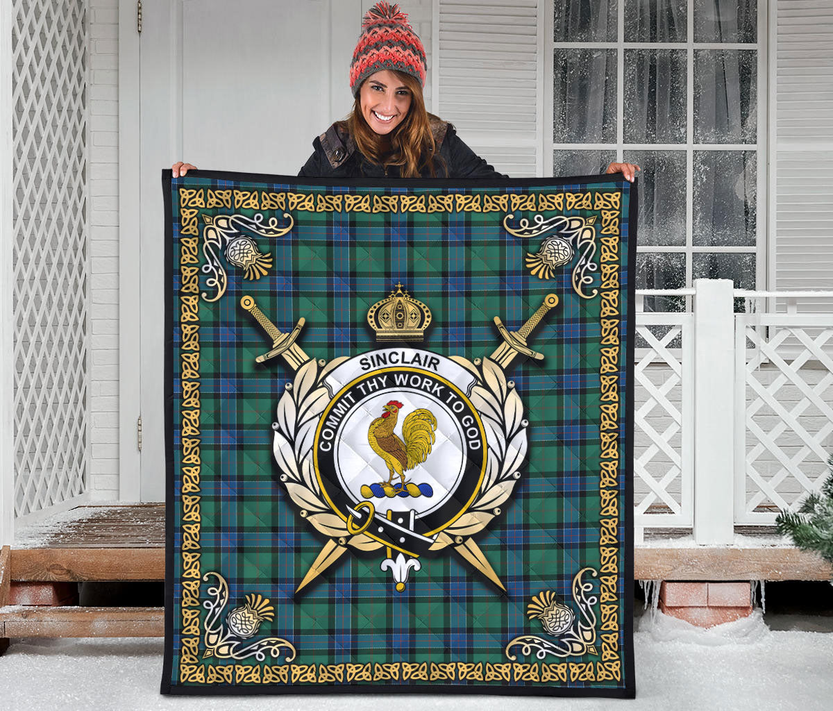 Sinclair Hunting Ancient Tartan Crest Premium Quilt - Celtic Thistle Style