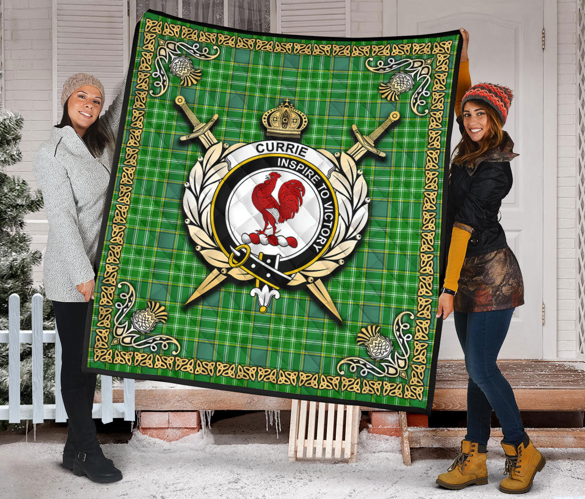 Currie or Curry Tartan Crest Premium Quilt - Celtic Thistle Style