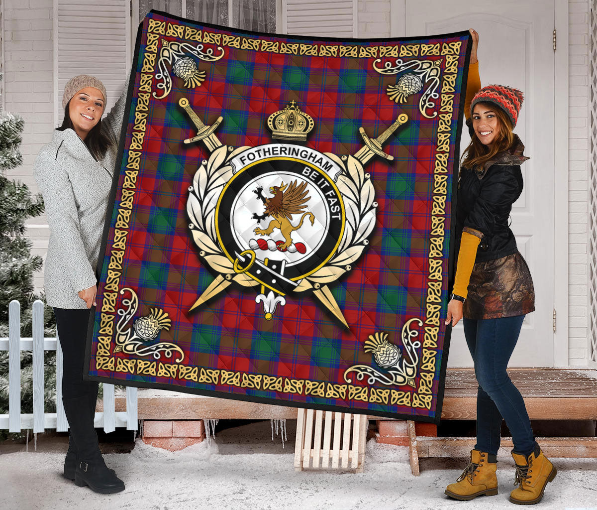 Fotheringham Tartan Crest Premium Quilt - Celtic Thistle Style