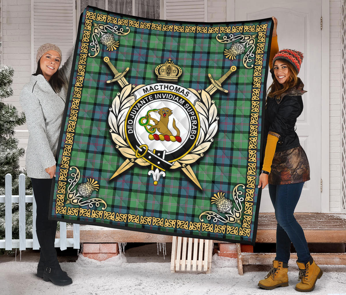 MacThomas Ancient Tartan Crest Premium Quilt - Celtic Thistle Style