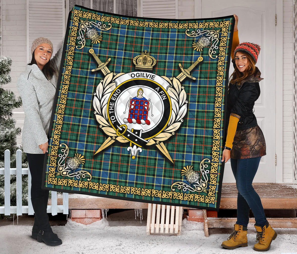 Ogilvie Hunting Ancient Tartan Crest Premium Quilt - Celtic Thistle Style