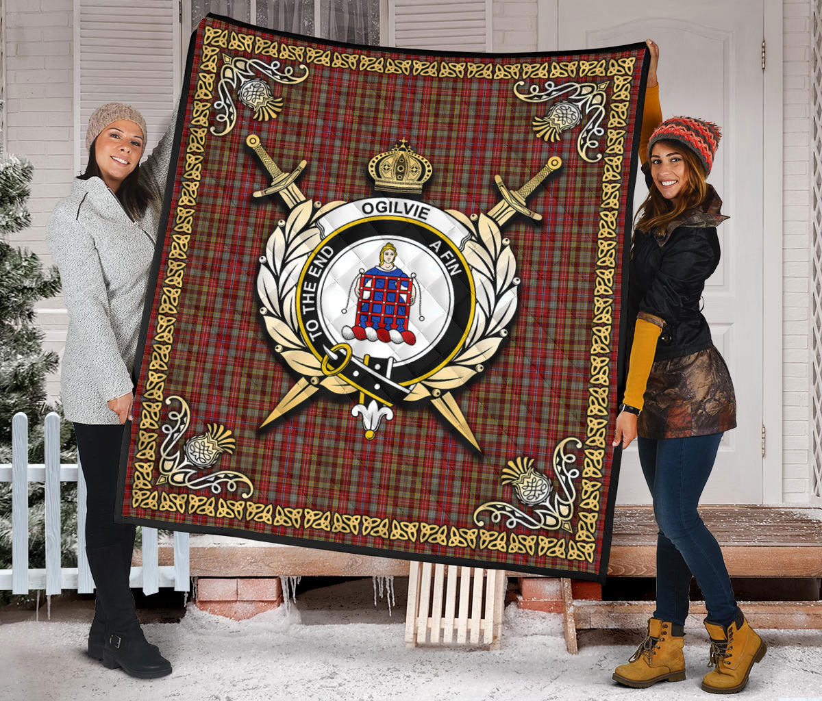 Ogilvie Tartan Crest Premium Quilt - Celtic Thistle Style