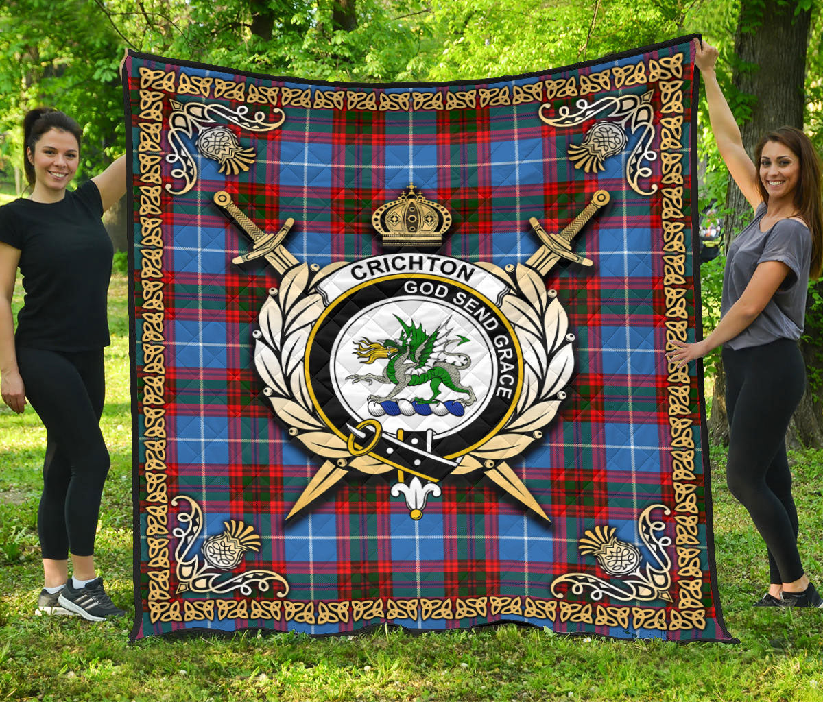 Crichton Tartan Crest Premium Quilt - Celtic Thistle Style