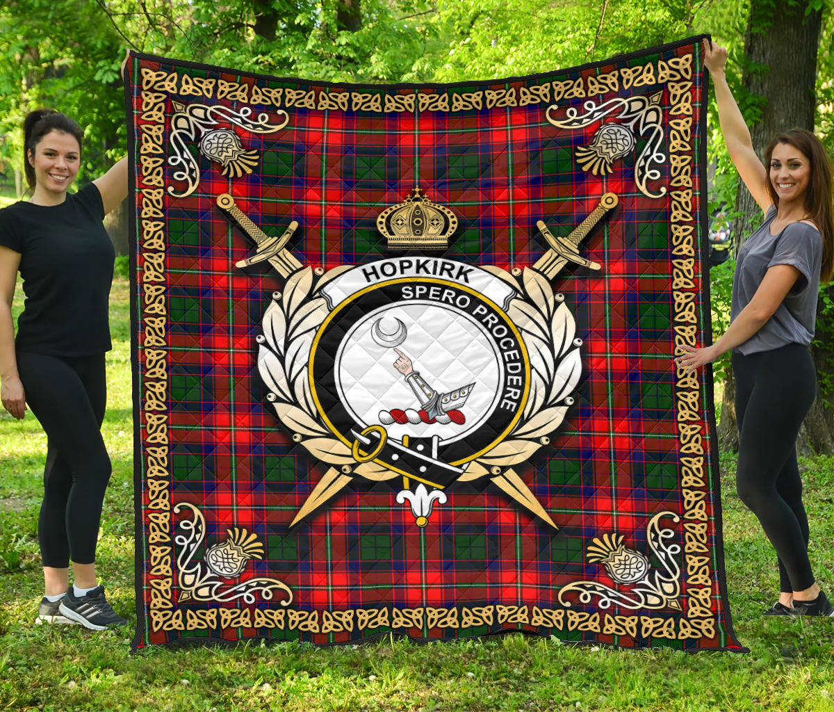 Hopkirk Tartan Crest Premium Quilt - Celtic Thistle Style