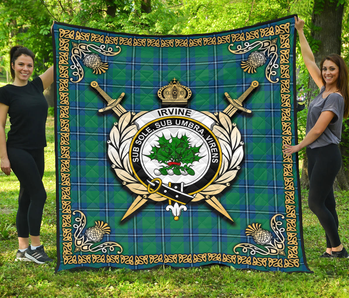Irvine Ancient Tartan Crest Premium Quilt - Celtic Thistle Style