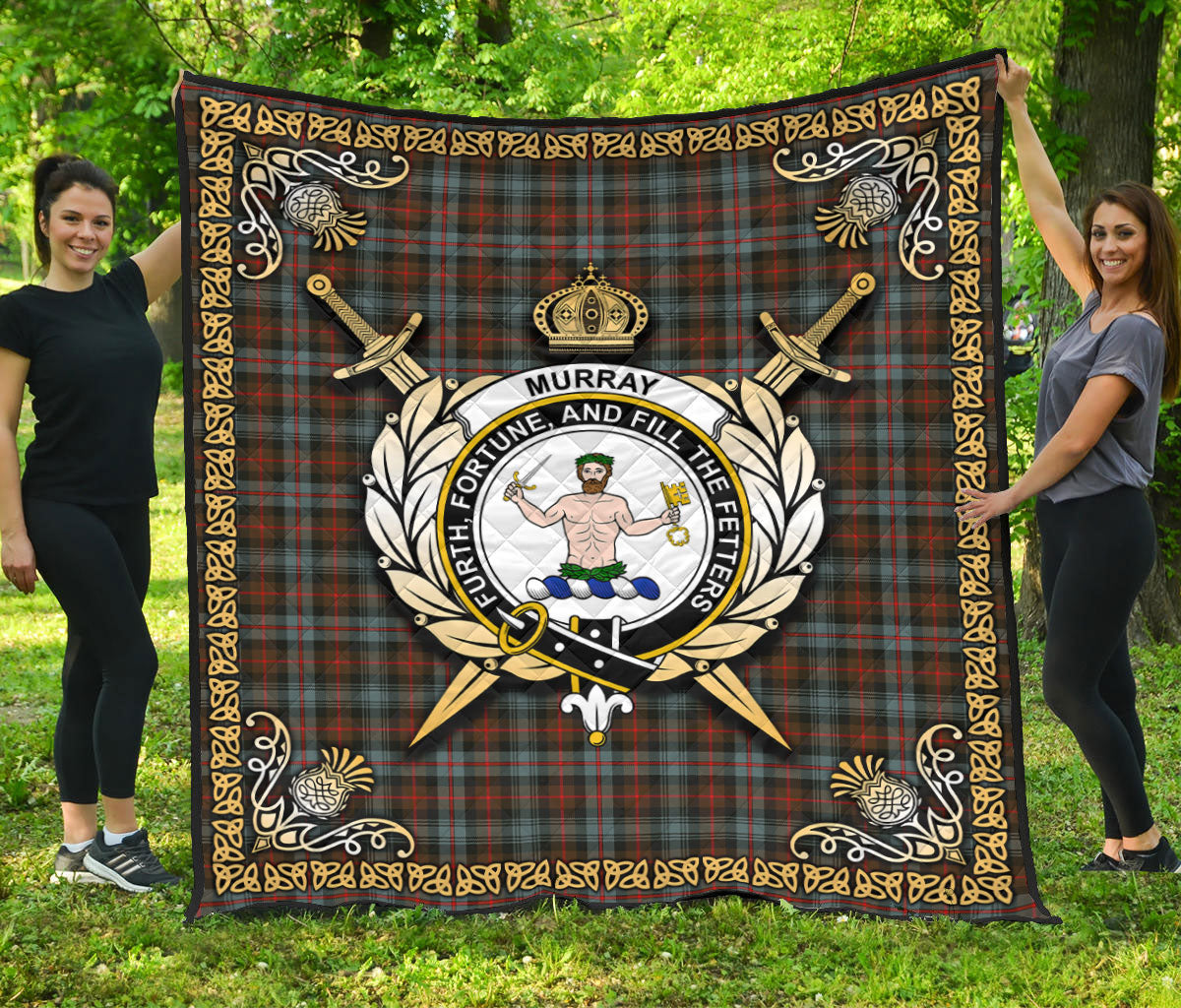 Murray of Atholl Weathered Tartan Crest Premium Quilt - Celtic Thistle Style