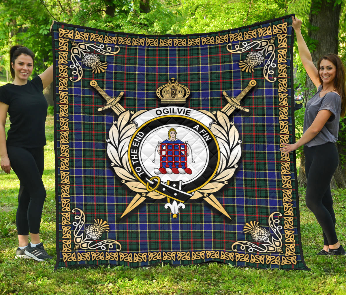 Ogilvie Hunting Modern Tartan Crest Premium Quilt - Celtic Thistle Style