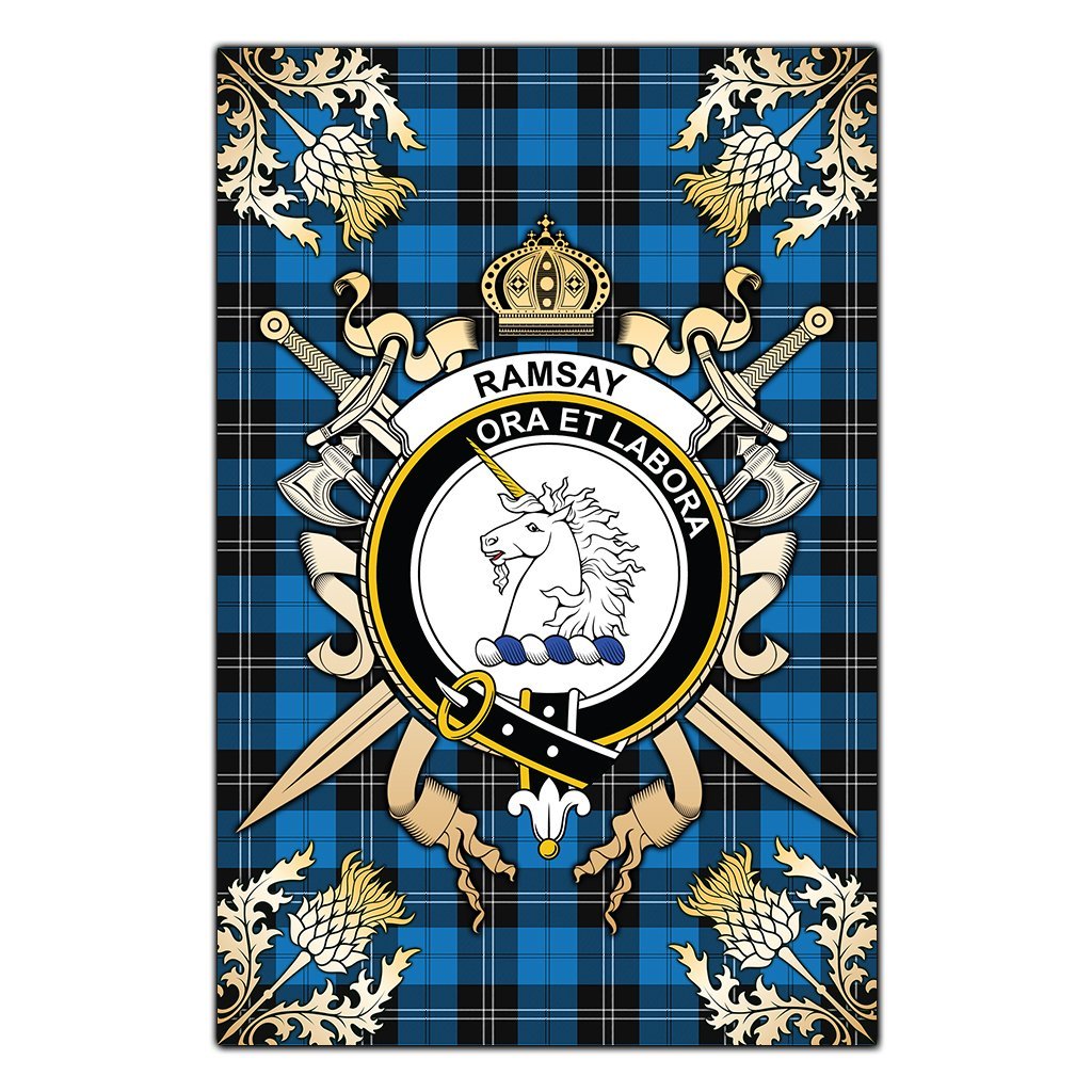 Ramsay Blue Ancient Tartan Crest Black Garden Flag - Gold Thistle Style