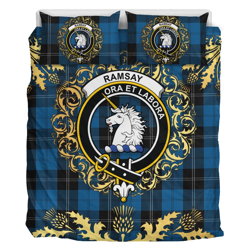 Ramsay Blue Hunting Tartan Crest Bedding Set - Golden Thistle Style