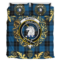 Ramsay Blue Hunting Tartan Crest Bedding Set - Golden Thistle Style