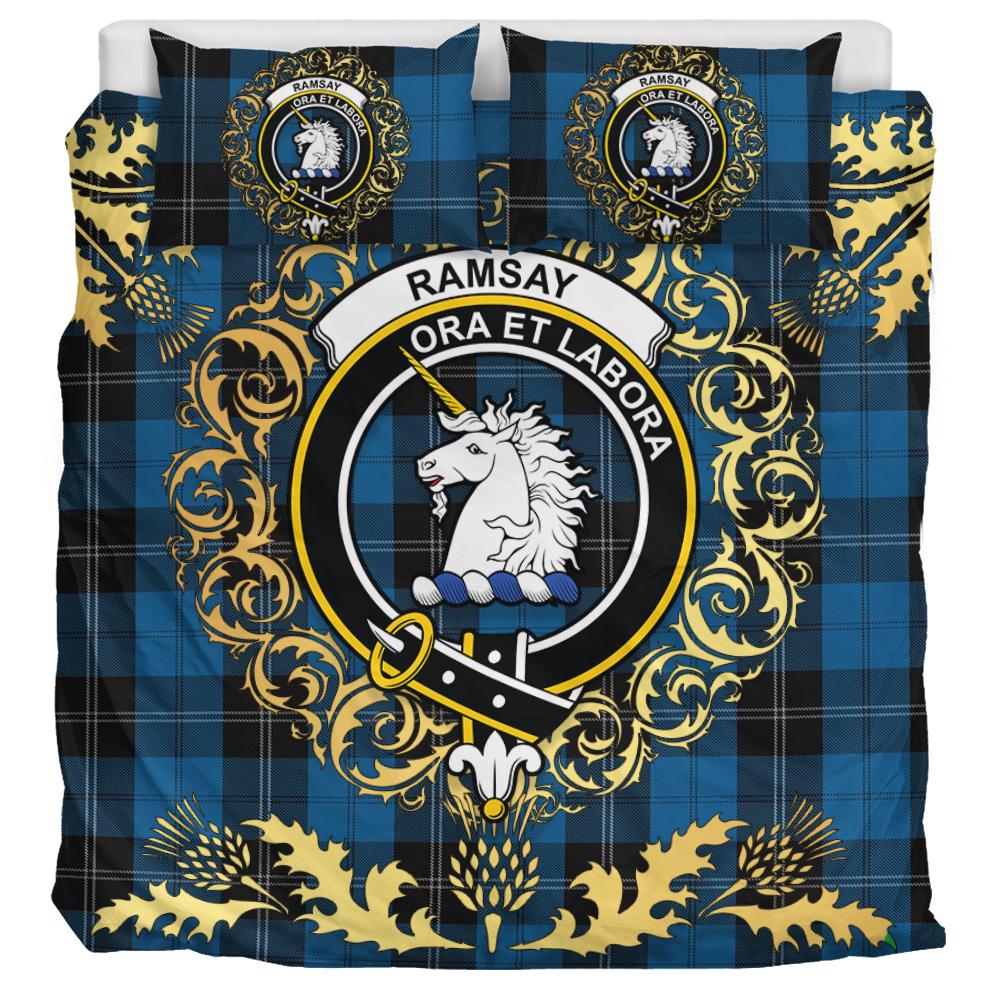 Ramsay Blue Hunting Tartan Crest Bedding Set - Golden Thistle Style