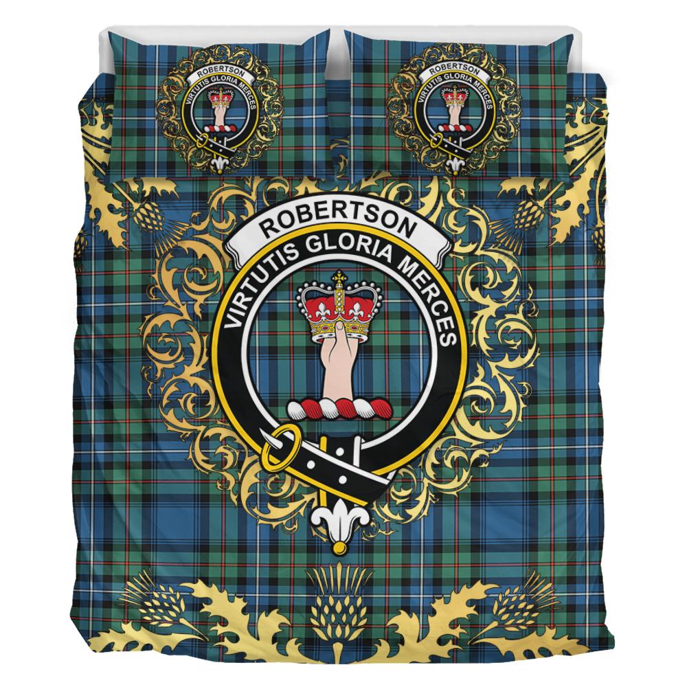Robertson Hunting Ancient Tartan Crest Bedding Set - Golden Thistle Style