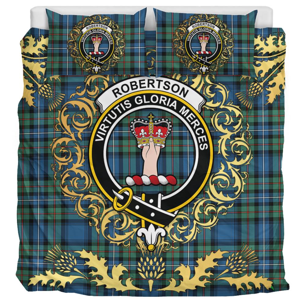 Robertson Hunting Ancient Tartan Crest Bedding Set - Golden Thistle Style