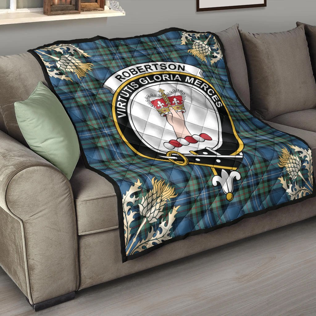 Robertson Hunting Ancient Tartan Crest Premium Quilt - Gold Thistle Style