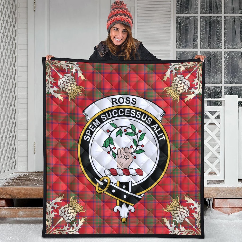 Ross Modern Tartan Crest Premium Quilt - Gold Thistle Style