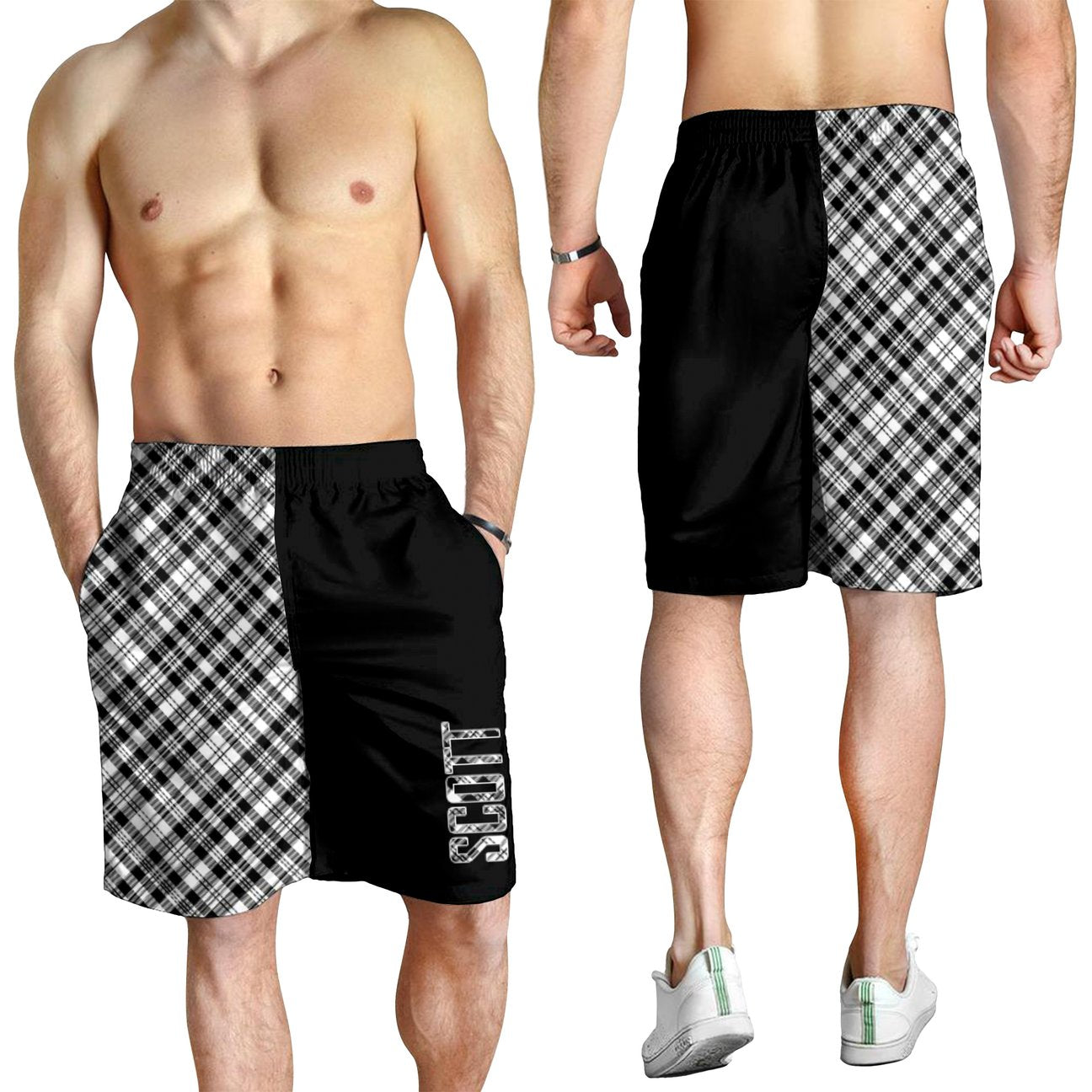 Scott Black White Modern Tartan Crest Men's Short - Cross Style