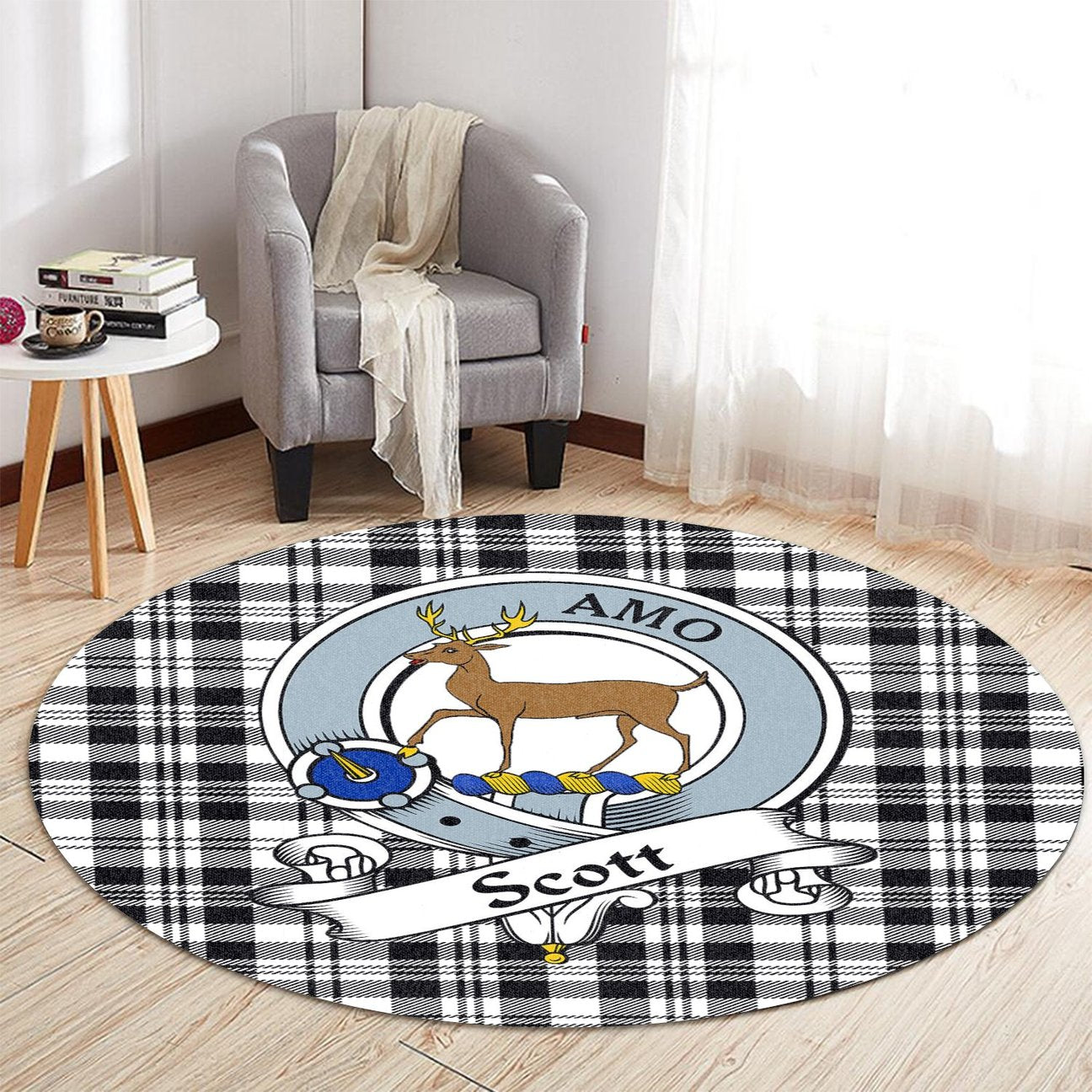 Scott Black White Modern Tartan Crest Round Rug