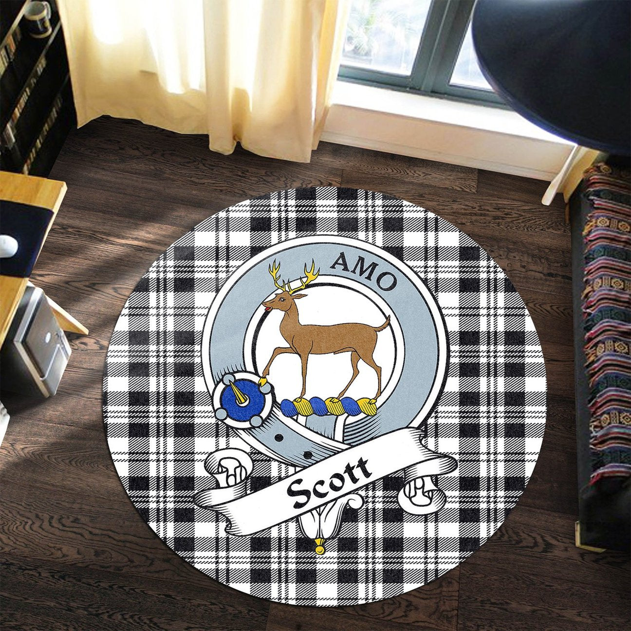 Scott Black White Modern Tartan Crest Round Rug