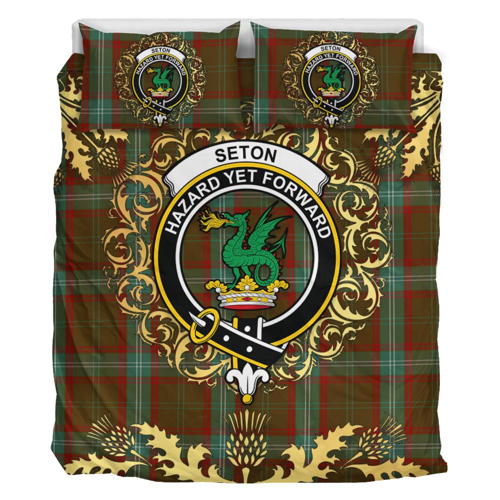 Seton Hunting Tartan Crest Bedding Set - Golden Thistle Style