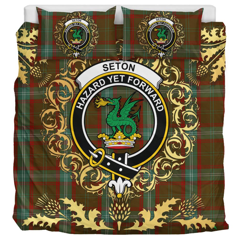 Seton Hunting Tartan Crest Bedding Set - Golden Thistle Style