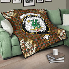 Seton Hunting Modern Tartan Crest Premium Quilt - Gold Thistle Style
