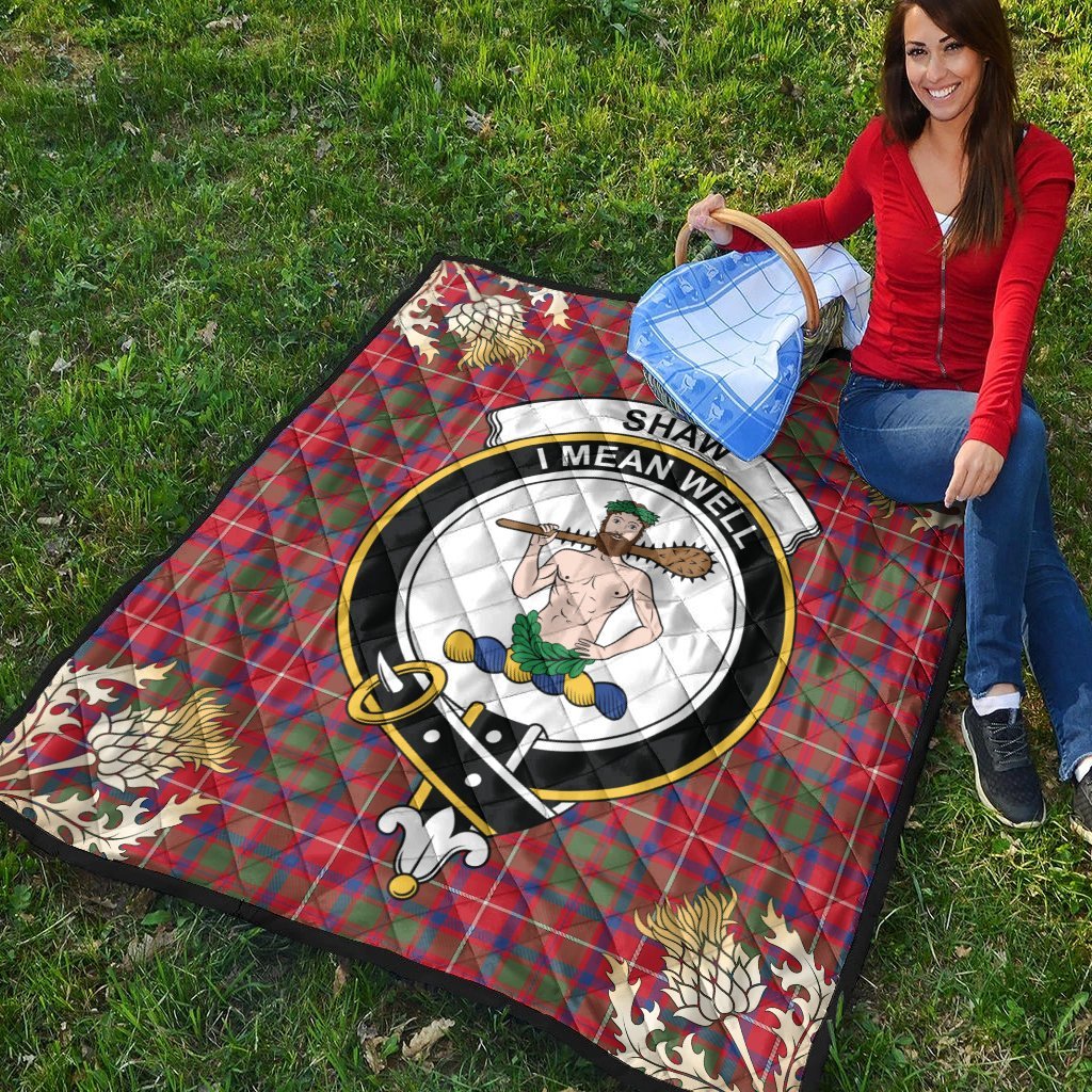 Shaw Red Modern Tartan Crest Premium Quilt - Gold Thistle Style