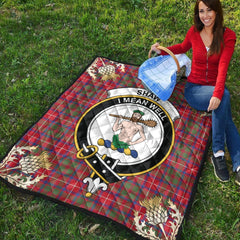 Shaw Red Modern Tartan Crest Premium Quilt - Gold Thistle Style