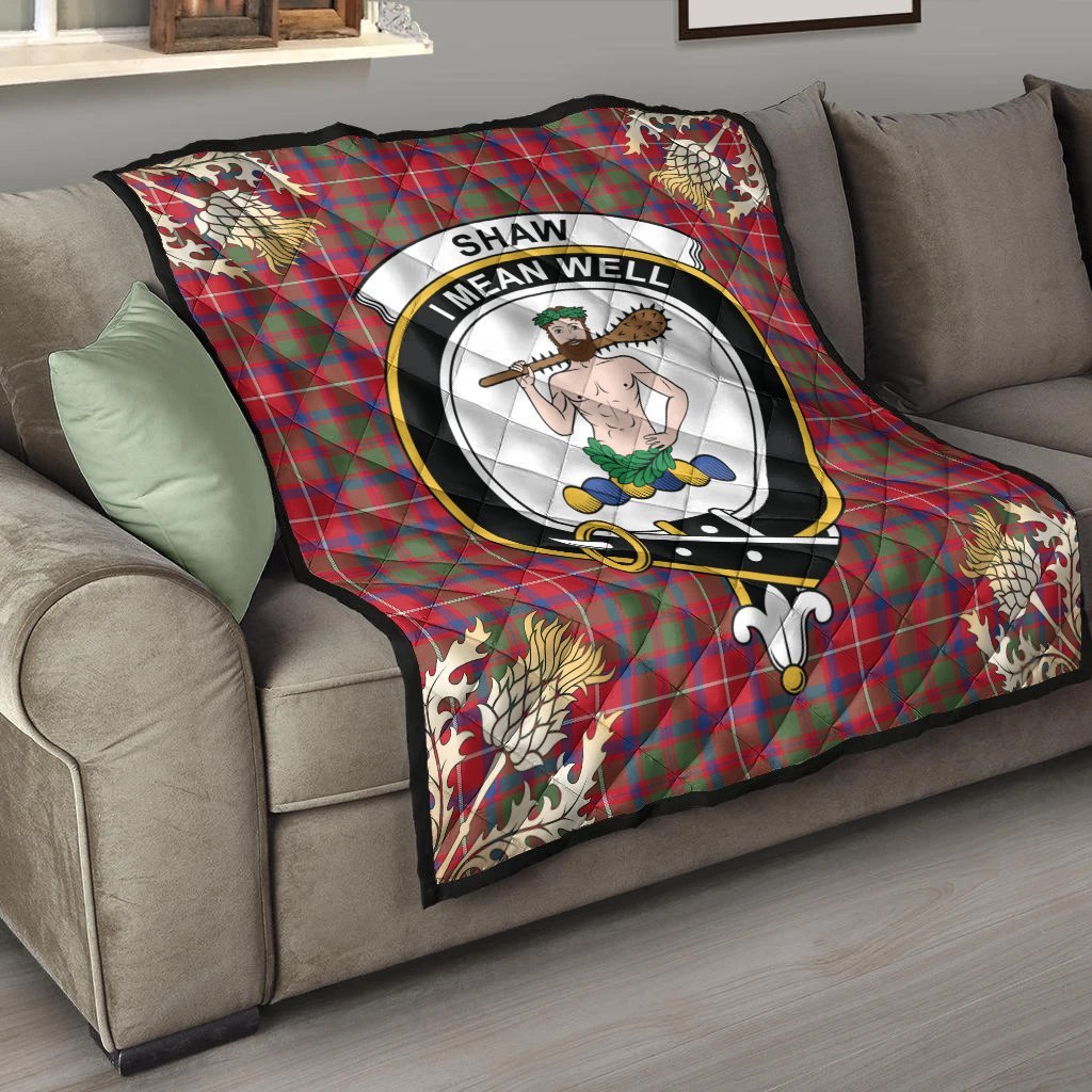 Shaw Red Modern Tartan Crest Premium Quilt - Gold Thistle Style