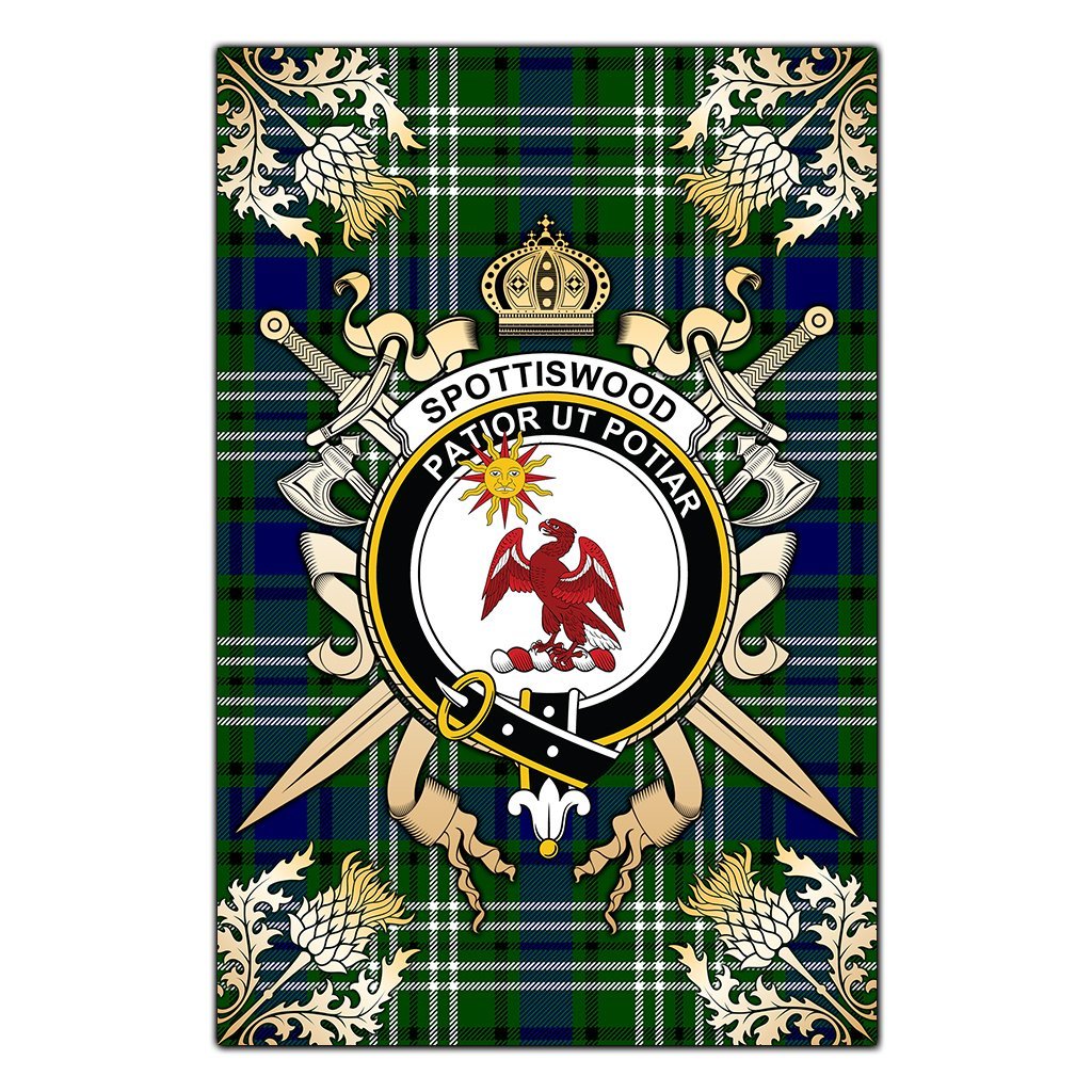 Spottiswood Tartan Crest Black Garden Flag - Gold Thistle Style