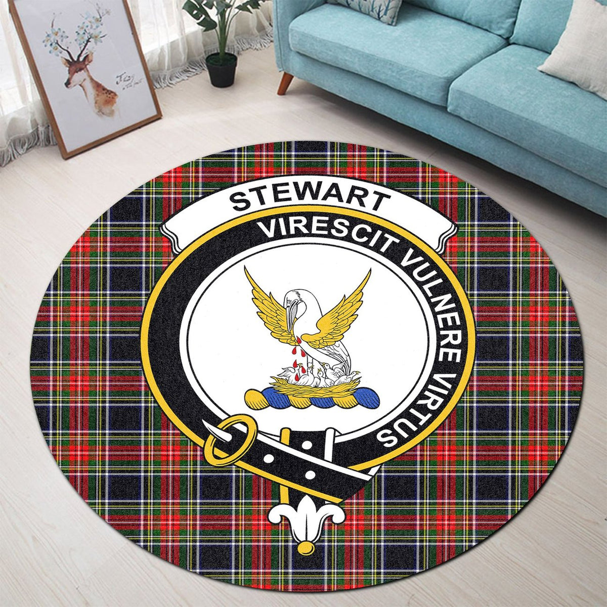 Stewart Black Tartan Crest Round Rug