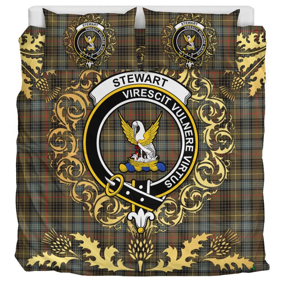 Stewart Hunting Weathered Tartan Crest Bedding Set - Golden Thistle Style