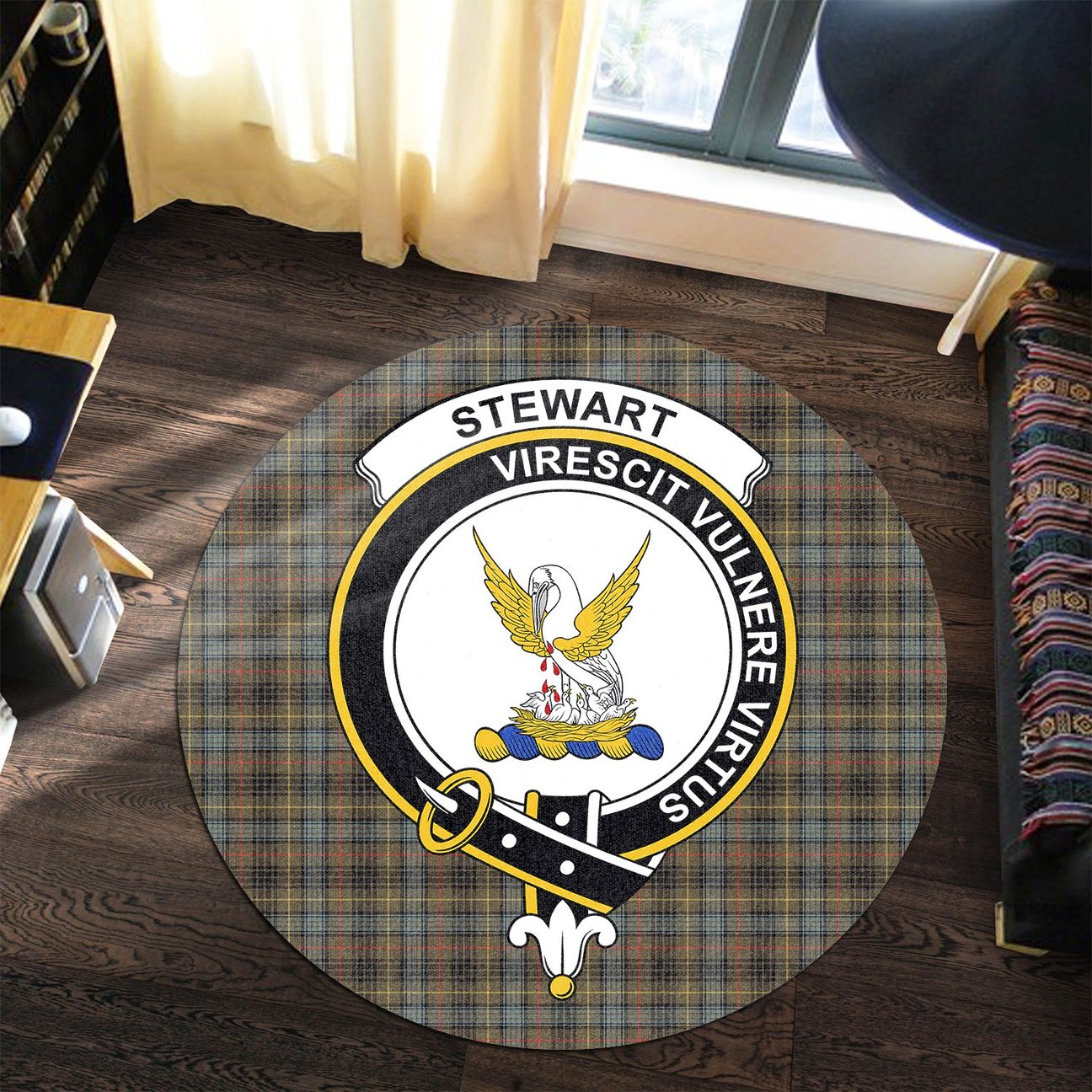 Stewart Hunting Weathered Tartan Crest Round Rug