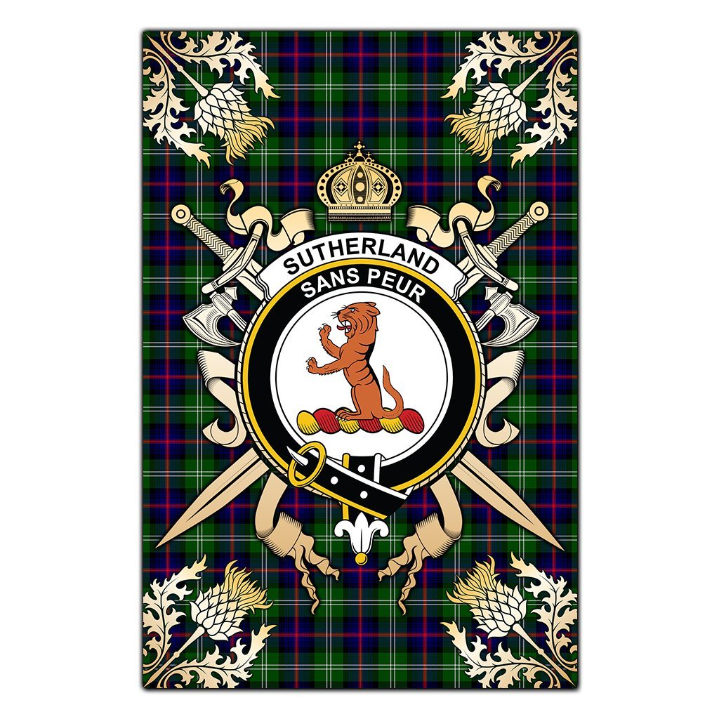 Sutherland Modern Tartan Crest Black Garden Flag - Gold Thistle Style