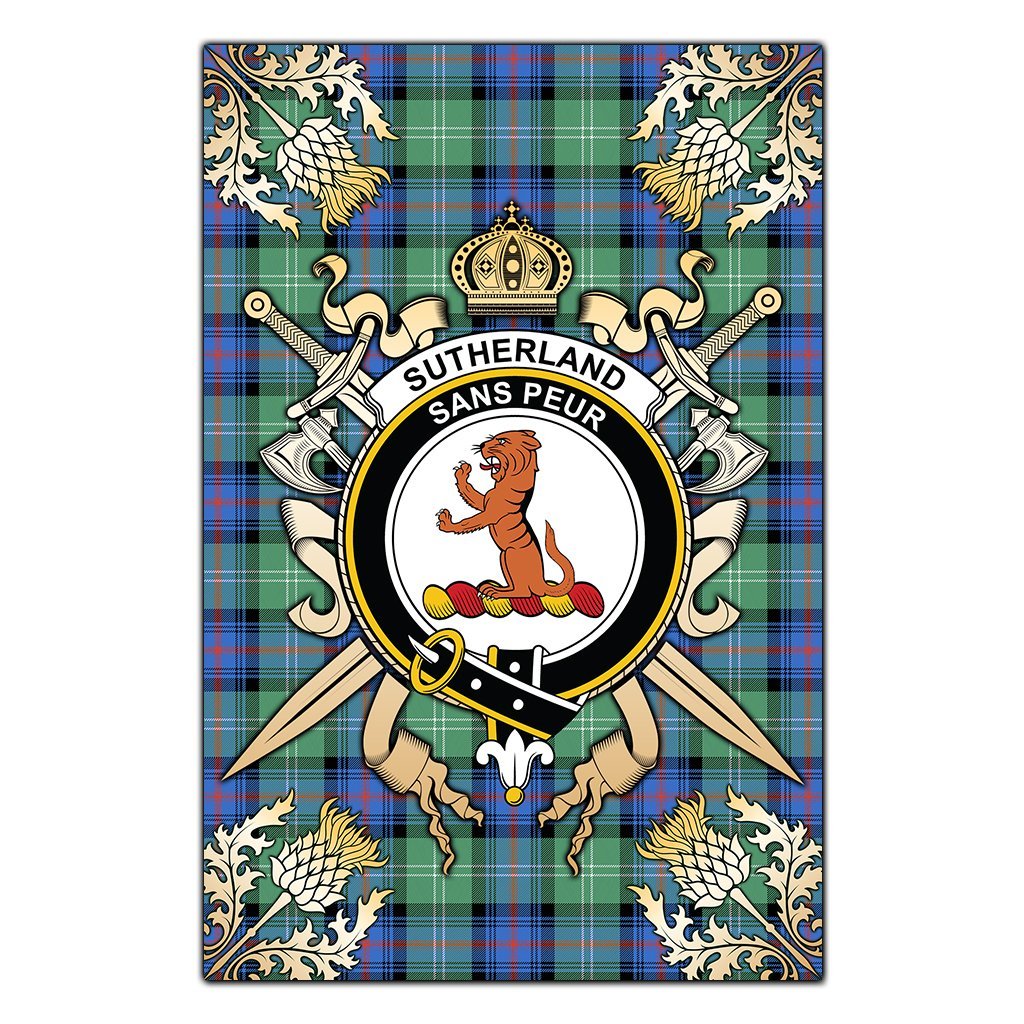 Sutherland Old Ancient Tartan Crest Black Garden Flag - Gold Thistle Style