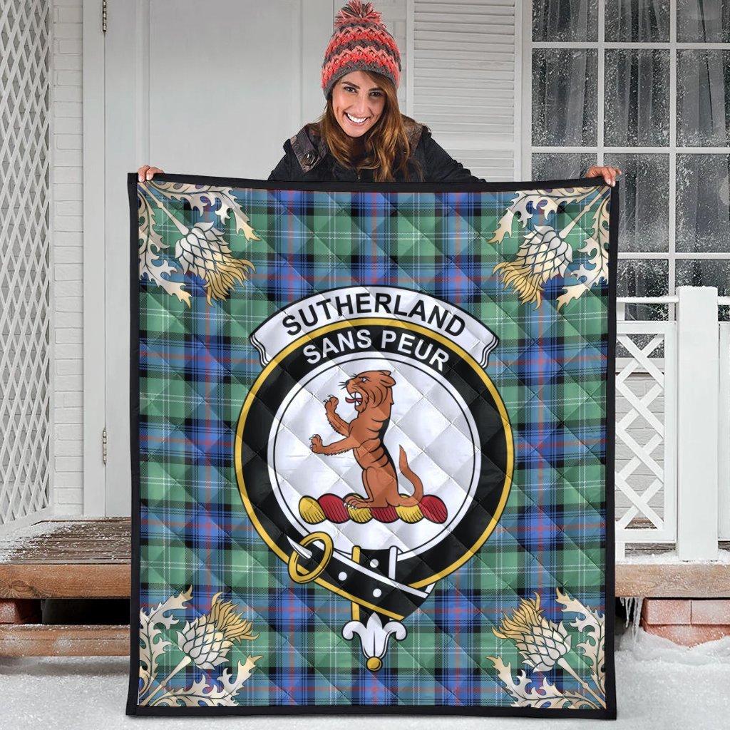 Sutherland Old Ancient Tartan Crest Premium Quilt - Gold Thistle Style