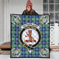 Sutherland Old Ancient Tartan Crest Premium Quilt - Gold Thistle Style