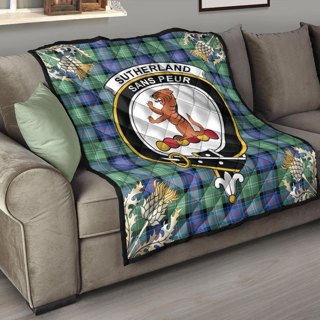 Sutherland Old Ancient Tartan Crest Premium Quilt - Gold Thistle Style