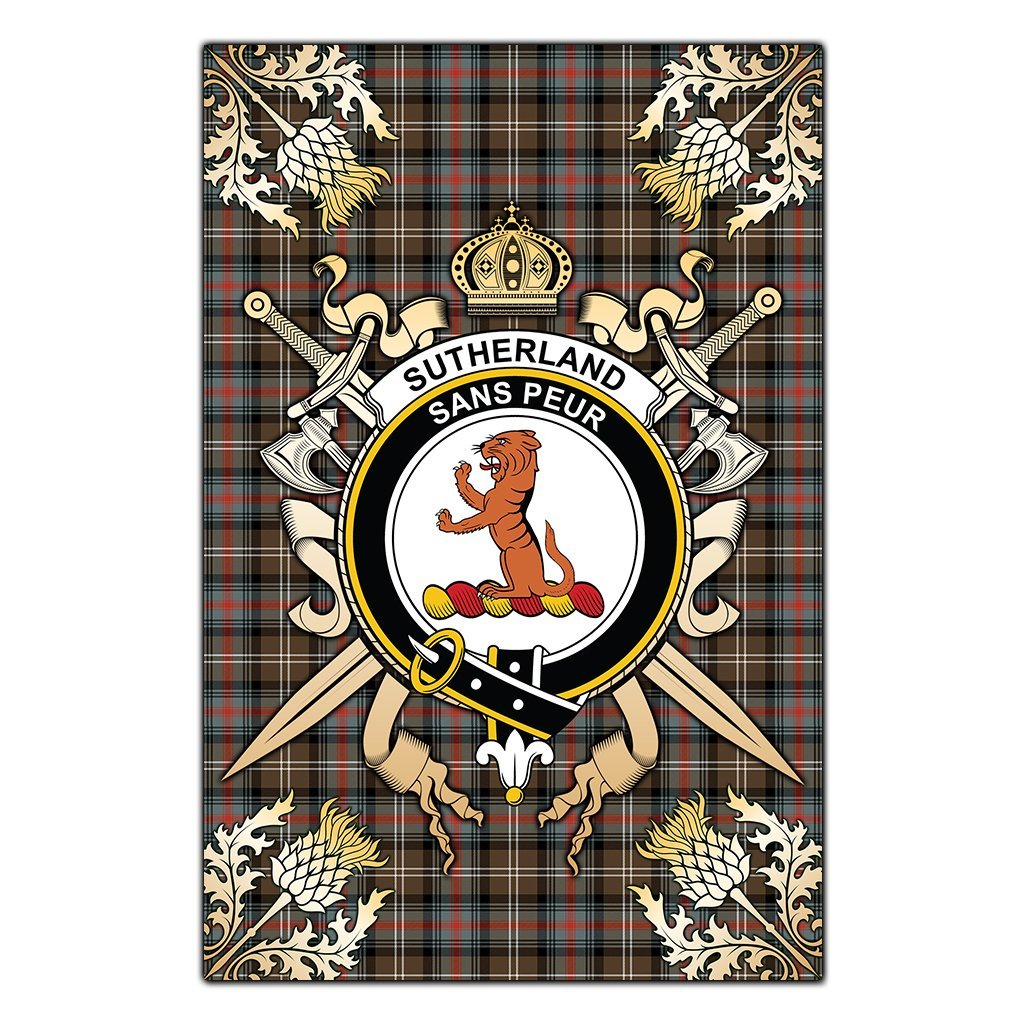 Sutherland Weathered Tartan Crest Black Garden Flag - Gold Thistle Style