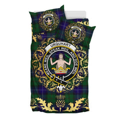 Urquhart White Line Tartan Crest Bedding Set - Golden Thistle Style