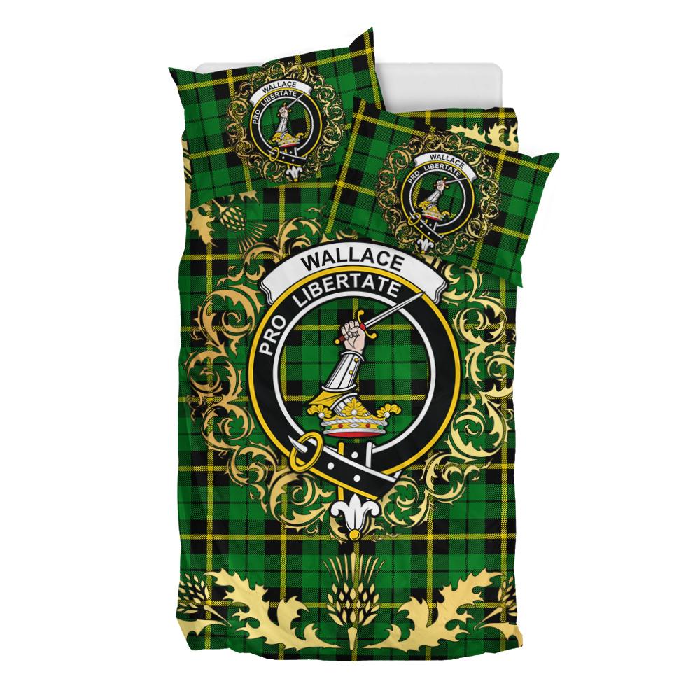 Wallace Hunting Green Tartan Crest Bedding Set - Golden Thistle Style