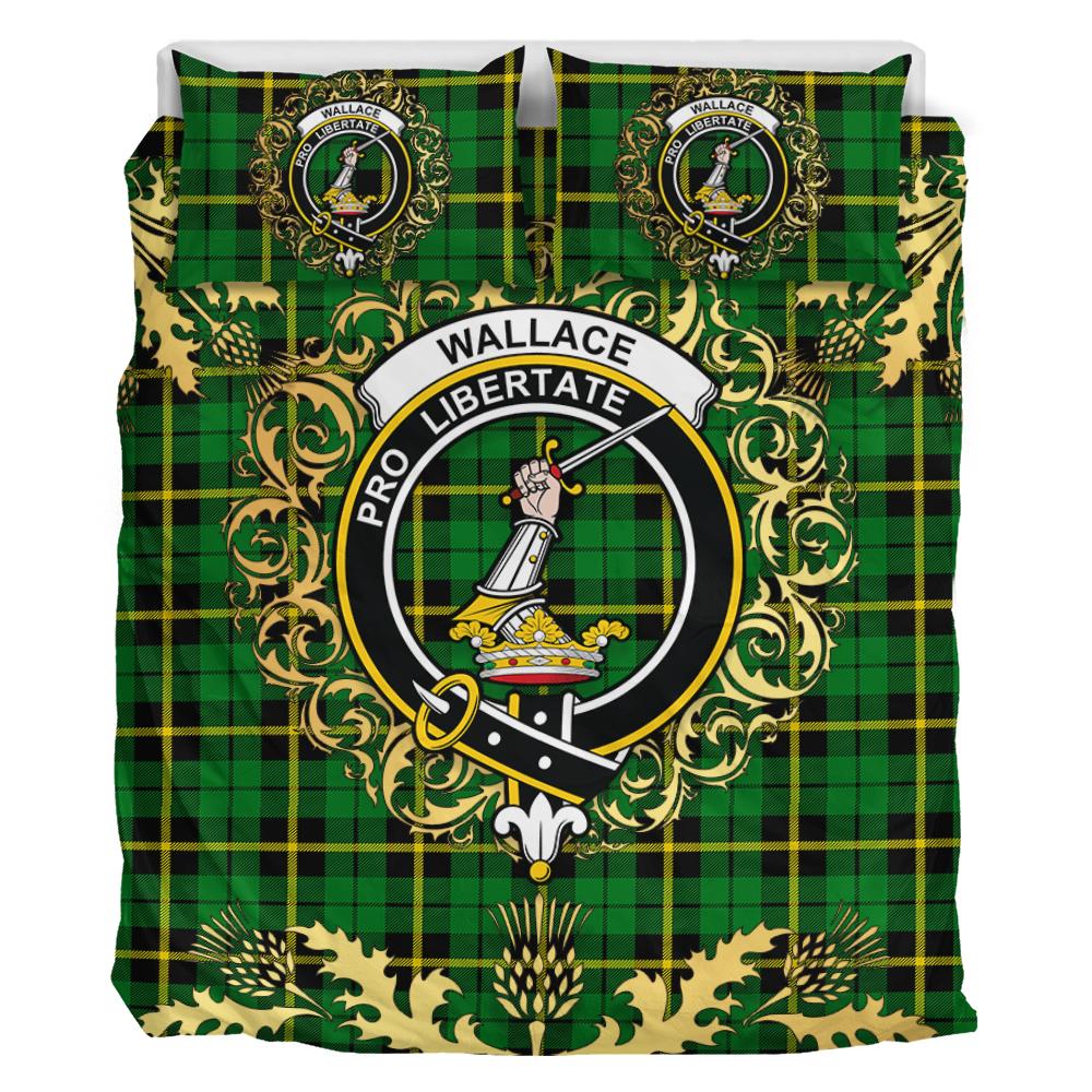 Wallace Hunting Green Tartan Crest Bedding Set - Golden Thistle Style