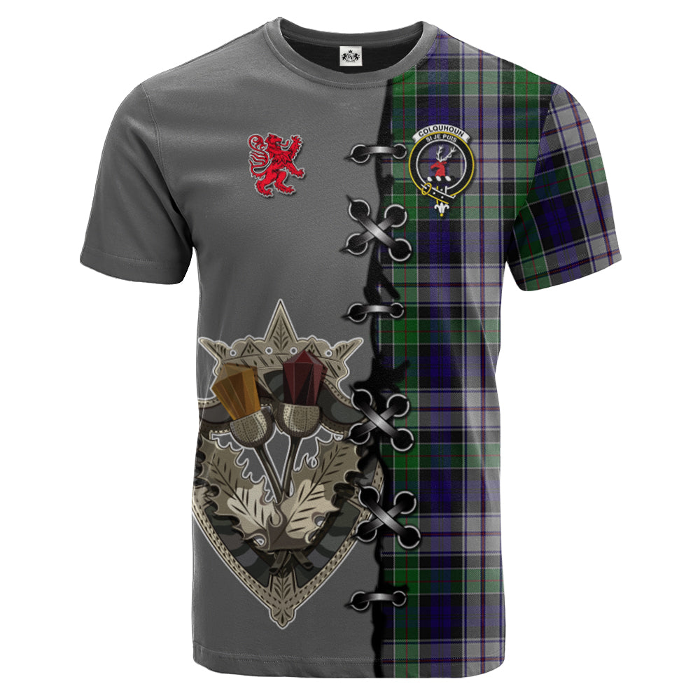 Colquhoun Dress Tartan T-shirt - Lion Rampant And Celtic Thistle Style