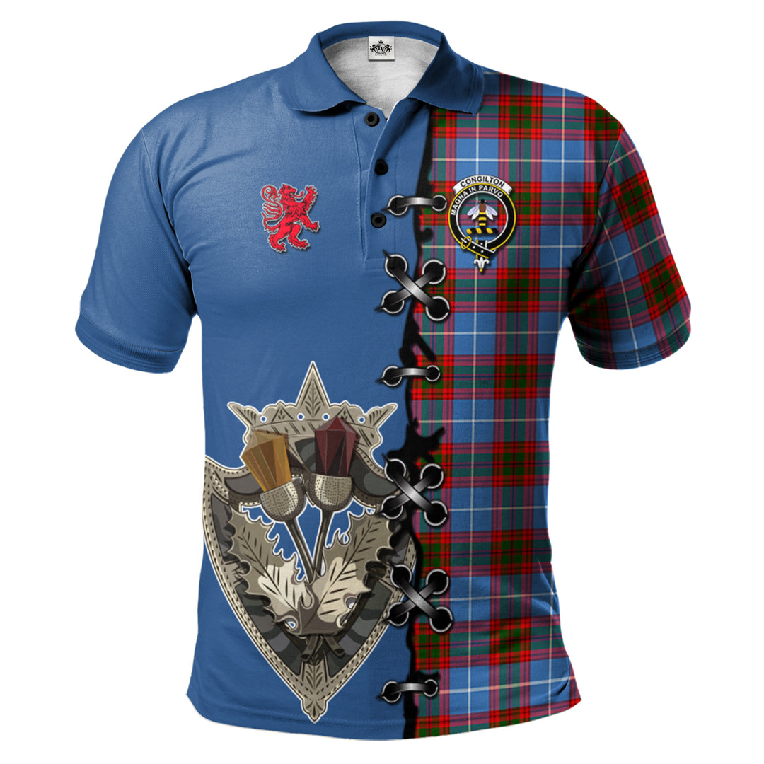 Congilton Tartan Polo Shirt - Lion Rampant And Celtic Thistle Style